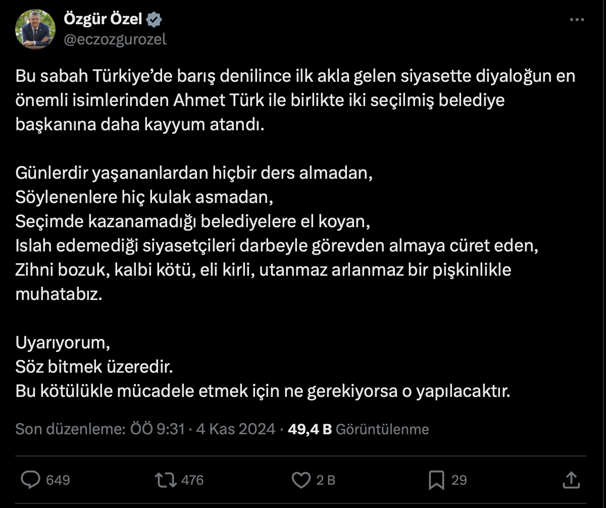 Özgür Özel, Kayyum Atamaları, Halk Iradesi, Demokrasi Mücadelesi