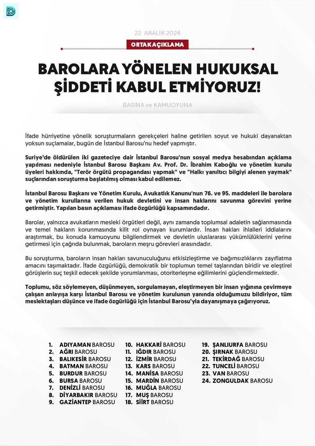 24 Baro, İstanbul Barosu'na Yönelik Soruşturmalara Tepki Gösterdi.